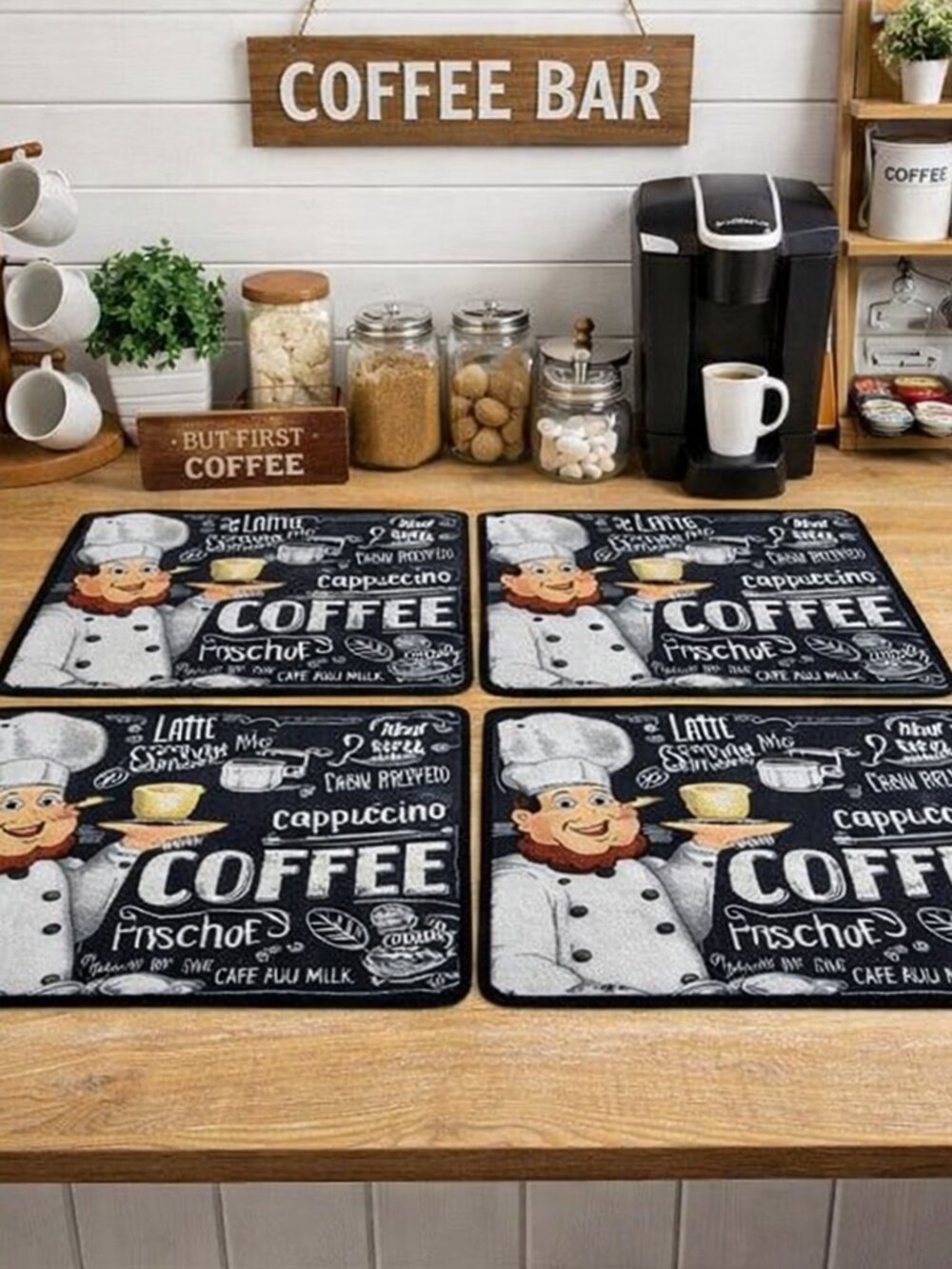 PREOWNED 4 PC SET Black Woven Tapestry Freshly Brewed Placemats